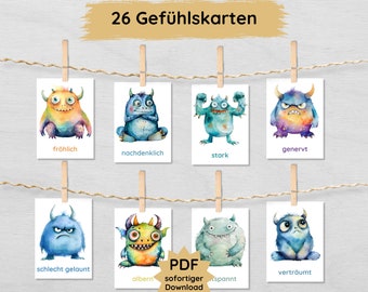 26 monster emotion cards for children to print out, picture cards to learn emotions, monster emotion cards ideal for daycare and preschool