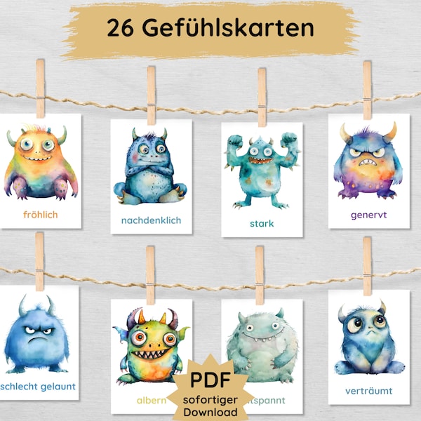 26 monster emotion cards for children to print out, picture cards to learn emotions, monster emotion cards ideal for daycare and preschool