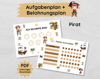 May include: Two printable pirate-themed reward charts. One chart has the text "Ich Schaffe Das!" and the other says "Meine Aufgaben". Both charts feature illustrations of pirates, treasure chests, and ships. The charts are labeled "PDF sofortiger Download".