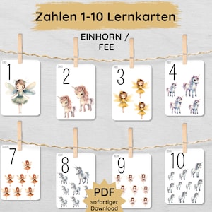 Einhorn & Fee Zahlenkarten für Kinder zum Ausdrucken, Lernkarten zum Zahlen lernen von 1 bis 10