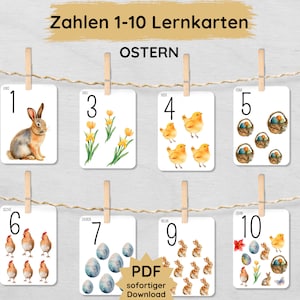 Ostern Zahlen Lernkarten für Kinder zum Ausdrucken, Bildkarten zum Zählen üben von 1 bis 10