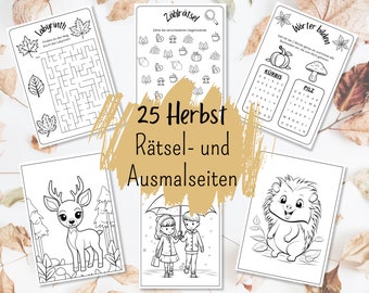 Herbst Aktivitäten: 25 Rätselseiten und Ausmalbilder für Kinder, ideale Beschäftigung für regnerische Herbsttage