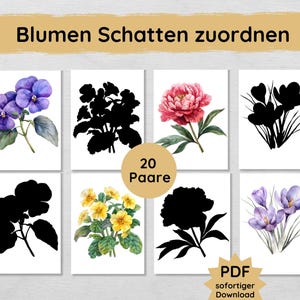 Blumen Schatten Zuordnungsspiel für Kinder zum Ausdrucken, Frühlingsblumen zuordnen Spiel, Lernspiel Vorschule