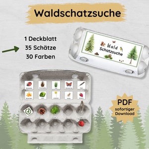 Forest treasure hunt in egg carton for children to print out, forest bingo print template, ideal for a forest walk or children's birthday party