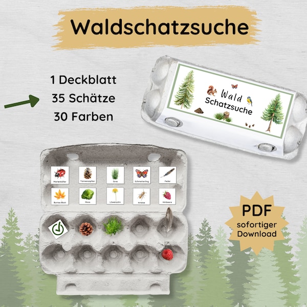 Forest treasure hunt in egg carton for children to print out, forest bingo print template, ideal for a forest walk or children's birthday party