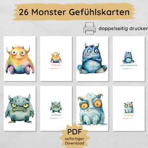 26 Gefühlskarten für Kinder mit niedlichen Monstern, doppelseitige Gefühle Bildkarten, Emotionen lernen und verstehen