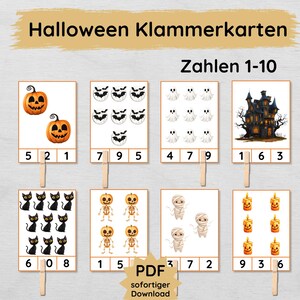 Halloween Klammerkarten Zahlen lernen von 1 bis 10 für Kinder zum Ausdrucken, Zahlen Lernspiel Zählen üben