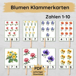 Les cartes à clips fleurs apprennent les nombres de 1 à 10 pour que les enfants puissent les imprimer, jeu d'apprentissage des nombres