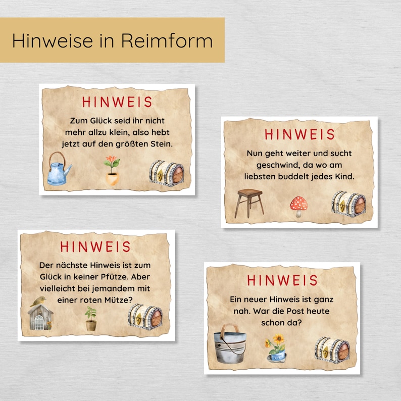 以下が含まれることがあります： 「HINWEIS」と赤い文字で書かれたイラスト入りの看板が4つあります。これはドイツ語で「ヒント」という意味です。それぞれの看板には、宝探しゲームで次のヒントを見つける方法について、異なる韻を踏んだ言葉が書かれています。看板は、ヴィンテージ調の茶色の背景に描かれています。