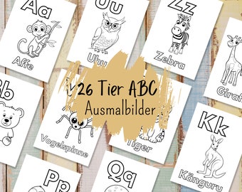 ABC coloring pages for children, PDF with 26 animal motifs for immediate download