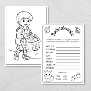 May include: A black and white coloring page featuring a boy carrying a basket of apples. The page also includes a word scramble game with the words "NHCIELE", "BOTREOK", "BHESRT", "ZLPI", "TEERN", "&Uuml;KISBR", "NKIESTAA", and "&Auml;RTBETL". The words are related to the fall season and include words like "apple", "tree", and "leaves".