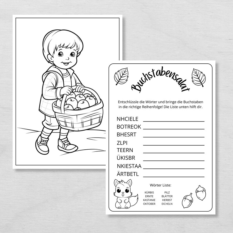 May include: A black and white coloring page featuring a boy carrying a basket of apples. The page also includes a word scramble game with the words "NHCIELE", "BOTREOK", "BHESRT", "ZLPI", "TEERN", "&Uuml;KISBR", "NKIESTAA", and "&Auml;RTBETL". The words are related to the fall season and include words like "apple", "tree", and "leaves".