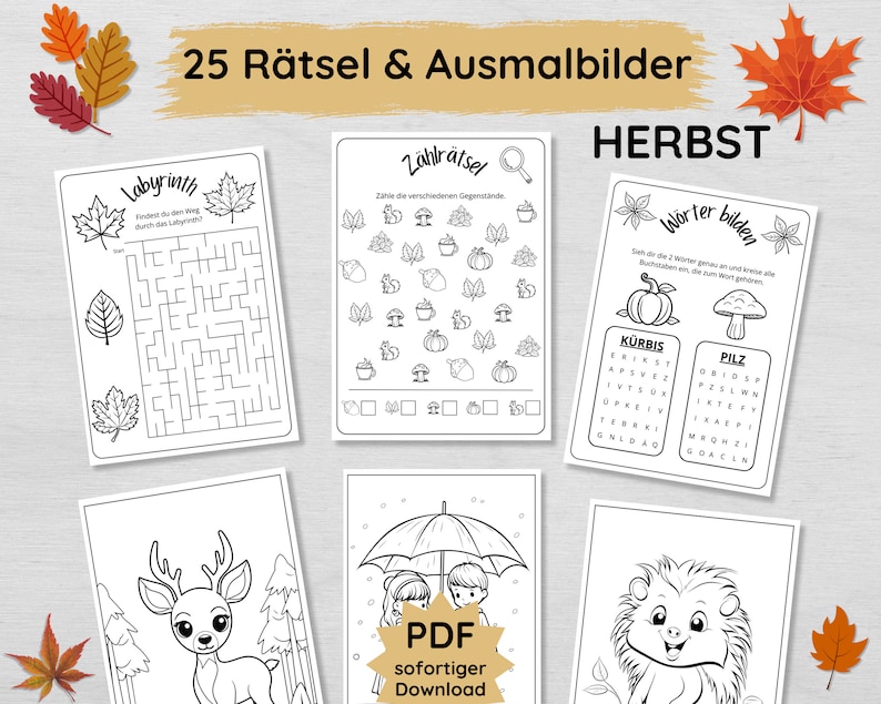 Ausmalbilder und Rätsel für Kinder im Herbst