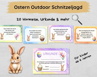 Juego de búsqueda del tesoro al aire libre de Pascua con 20 pistas y certificado, juego de búsqueda del tesoro para niños a partir de 6 años, idea de juego de Pascua