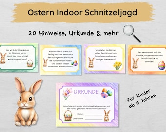 Juego de búsqueda del tesoro de Pascua en interiores con 20 pistas y certificado, juego de búsqueda del tesoro para niños a partir de 6 años, idea de juego de Pascua