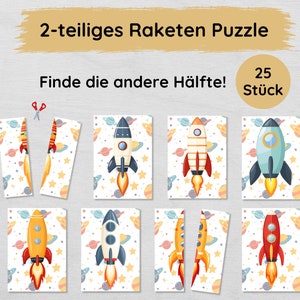 Könnte beinhalten: Ein Set mit 25 Puzzle-Teilen zum Thema Raketen für Kinder. Die Puzzle-Teile sind in der Mitte durchgeschnitten und zeigen eine Rakete vor einem Weltraumhintergrund. Der Text auf dem Bild lautet "2-teiliges Raketen Puzzle" und "Finde die andere Hälfte!"