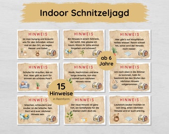 Indoor scavenger hunt for children ages 6 and up, treasure hunt for home with 15 clues in rhyme form to print out
