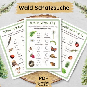 May include: A printable forest scavenger hunt game with three cards. Each card has a list of items to find in the forest, such as a feather, a mushroom, a spider, a snail, a ladybug, and a bird's nest. The cards are green with white text and illustrations.