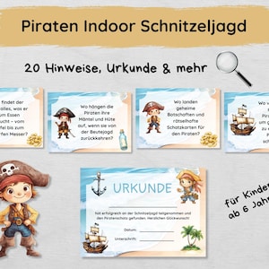 Piraten Indoor Schnitzeljagd mit 20 Hinweisen für Zuhause, Urkunde, Geschichte & mehr, Schatzsuche Set für Kinder ab 6 Jahren