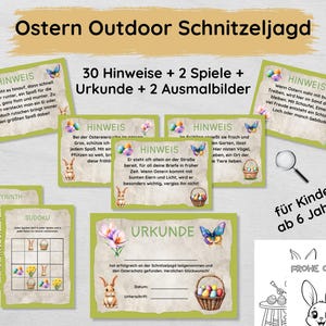 Paas-speurtochtset voor kinderen met 30 aanwijzingen, certificaat, spelletjes en kleurplaten, speurtocht vanaf 6 jaar om af te drukken