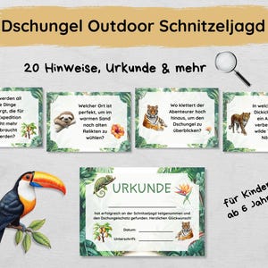 Dschungel Outdoor Schnitzeljagd mit 20 Hinweisen, Urkunde, Geschichte & mehr, Schatzsuche Set für Kinder ab 6 Jahren