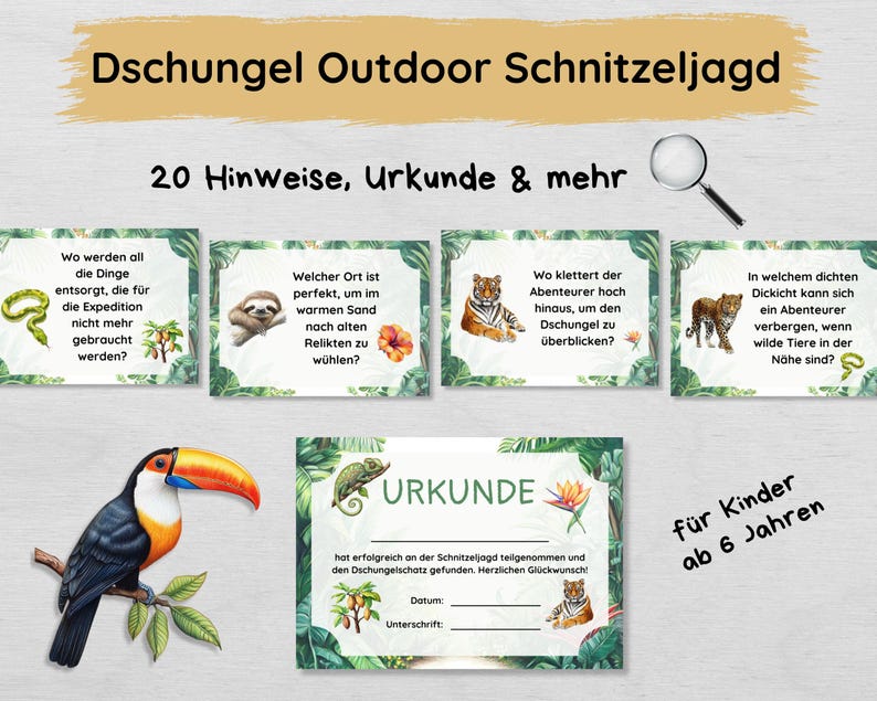 Dschungel Outdoor Schnitzeljagd mit 20 Hinweisen, Urkunde, Geschichte & mehr, Schatzsuche Set für Kinder ab 6 Jahren