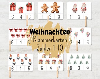 Klammerkarten Zahlen lernen bis 10 mit weihnachtlichen Motiven zum Ausdrucken für Kinder