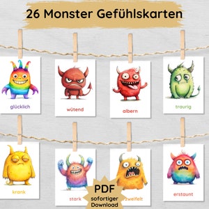 子供たちが印刷できるモンスターの感情カード、感情を学び理解するための26枚の絵カード、感情カード