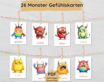 Monster emotion cards for children to print out, 26 picture cards to learn and understand emotions, feelings cards