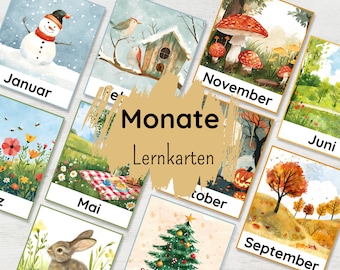 Monatskarten Set für Kinder zum Ausdrucken, Bildkarten Monate des Jahres und Jahreszeiten lernen