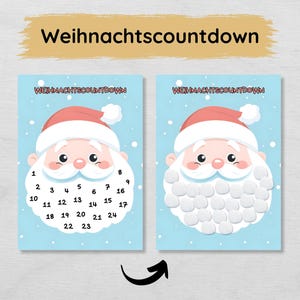 May include: A blue and white Christmas countdown card with a Santa Claus illustration. The card features a number grid from 1 to 24 and the text "Weihnachtscountdown".