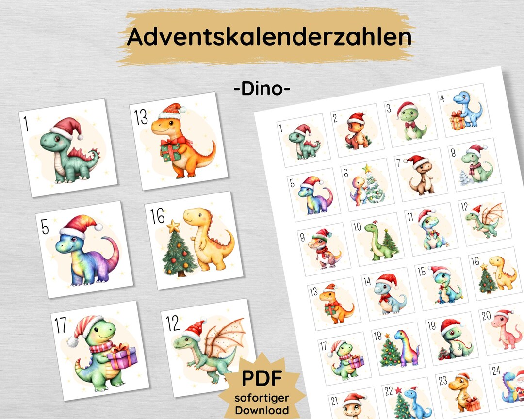 Dino Advent Calendar Numbers for Children to Print, Dinosaur Number