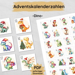 Dino Adventskalendernummers voor kinderen om uit te printen, dinosaurusnummerkaarten Adventskalender PDF