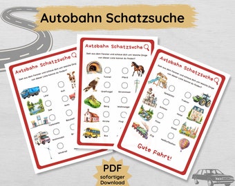 Búsqueda del tesoro en la carretera para que los niños impriman, juego de búsqueda de coches como actividad ideal para viajes largos en coche.