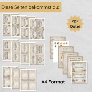 May include: A selection of printed cards and papers, featuring Sudoku, Labyrinth, and word puzzles, with the text "Diese Seiten bekommst du:" and "A4 Format". The image also includes the text "PDF Datei".