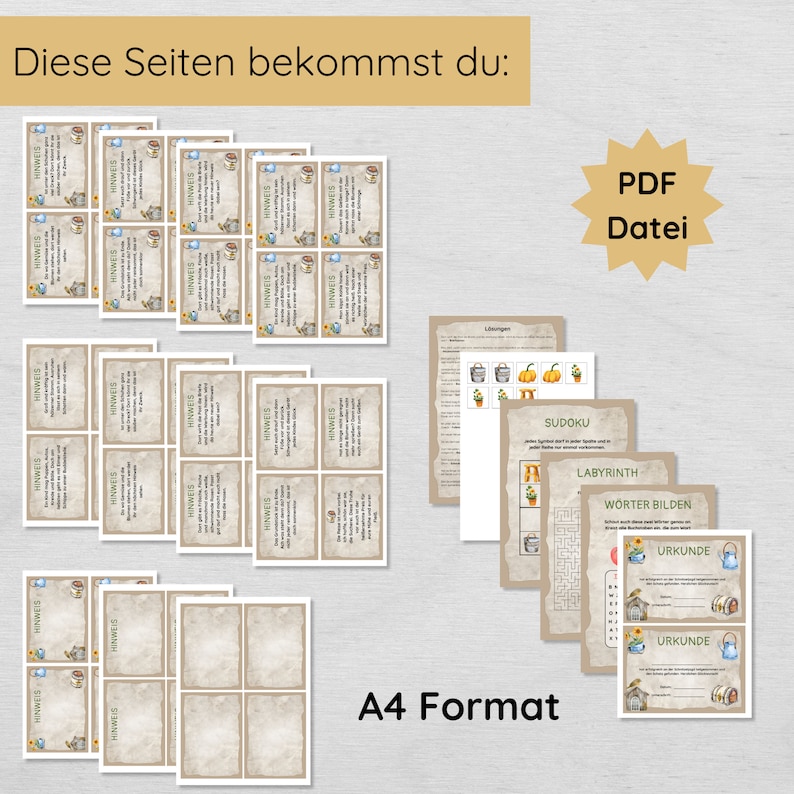 May include: A selection of printed cards and papers, featuring Sudoku, Labyrinth, and word puzzles, with the text "Diese Seiten bekommst du:" and "A4 Format". The image also includes the text "PDF Datei".