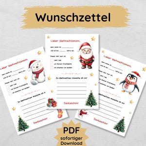 Wunschzettel zu Weihnachten für Kinder zum Ausdrucken in 3 Varianten, Brief an den Weihnachtsmann, Wunschliste Vorlage PDF