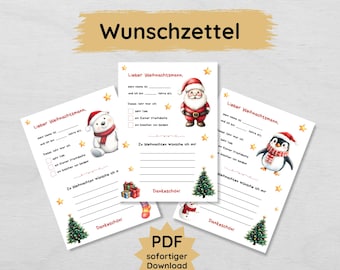 Lista de deseos navideños para que los niños impriman en 3 versiones, carta a Papá Noel, plantilla de lista de deseos PDF