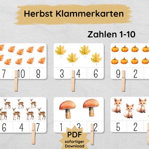 秋のモチーフを使った 10 までの数字を学ぶためのクリップ カードを子供向けに印刷します。