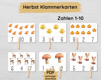 Clip cards learning numbers up to 10 with autumn motifs for children to print out