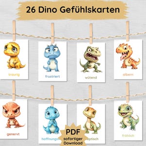 26 kart emocji dinozaurów do wydrukowania dla dzieci, karty obrazkowe do nauki emocji, karty emocji dinozaurów idealne do żłobka i przedszkola