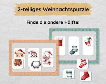 2 piece Christmas puzzle for children to print out, puzzle folder to assign halves for the Christmas Busy Book