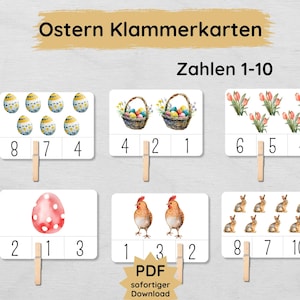 Ostern Klammerkarten Zahlen lernen 1 bis 10 für Kinder zum Ausdrucken, Bildkarten zum Zählen üben