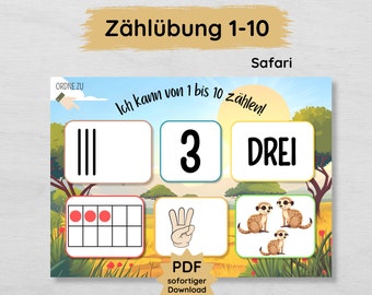 Safari counting exercise for children, learning numbers from 1 to 10, creative learning game to print out