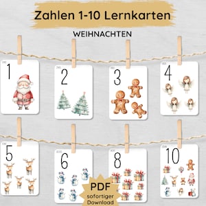Tarjetas didácticas de números navideños del 1 al 10 para que los niños impriman, tarjetas didácticas para aprender a contar