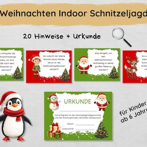 Kerst indoor speurtocht met 20 aanwijzingen en certificaat, speurtocht voor kinderen vanaf 6 jaar, idee voor een kerstfeestspel