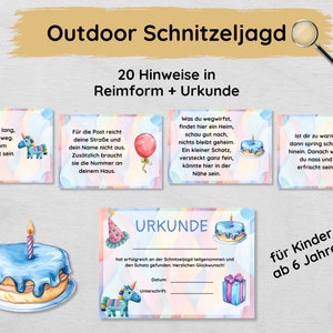 Outdoor scavenger hunt for a child&#39;s birthday with 20 clues in rhyme form & certificate, treasure hunt for children from 6 years
