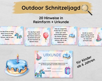 Outdoor scavenger hunt for a child's birthday with 20 clues in rhyme form & certificate, treasure hunt for children from 6 years