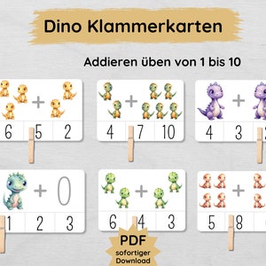Dino-clipkaarten oefenen met het optellen van 1 tot 10 zodat kinderen deze kunnen afdrukken, flitskaarten voor de kleuter- en basisschool