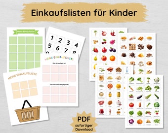 Shopping list for children with 100+ food items, printable flashcards, learning to shop, shopping planner template